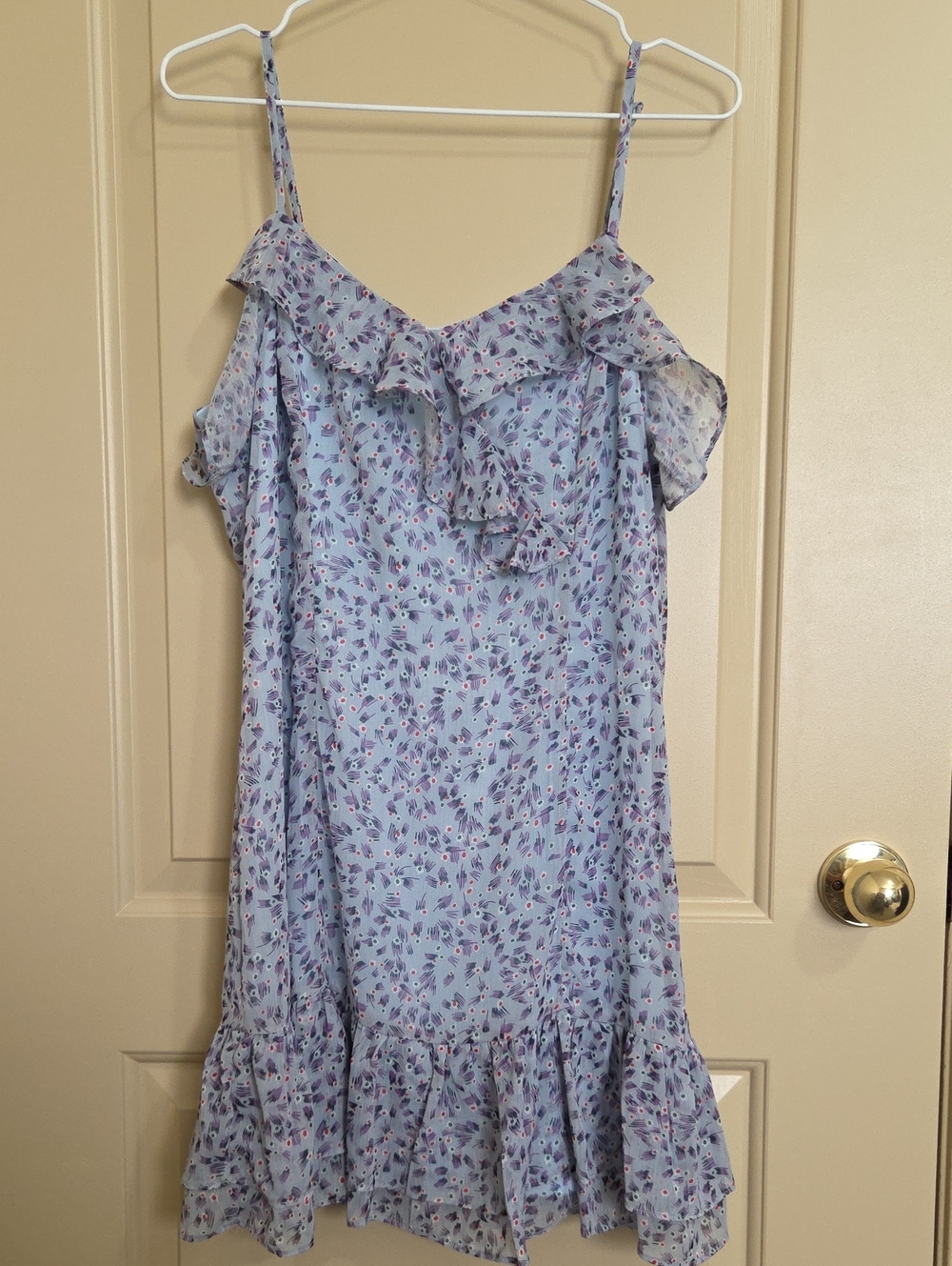Lulus. Light Blue Floral Ruffle Slip Dress